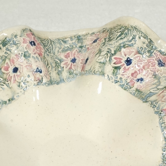 Hand Spun Pottery Bowl Raised Flower Design by D.K. Mc Bride Pottery - Picture 6 of 9
